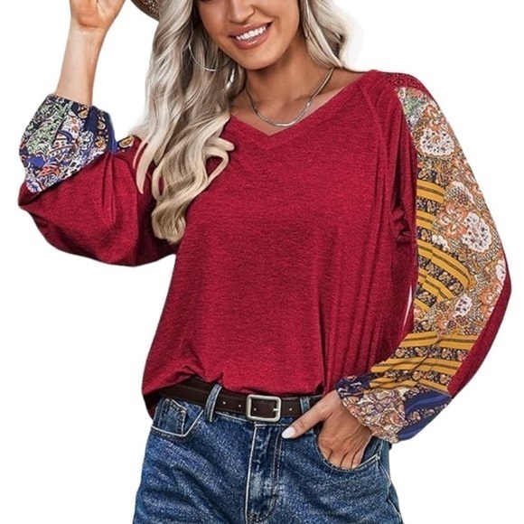 Beyove Tops - Boho Red Multi Color Balloon Sleeve Long Sleeve Blouse Size Large Colorful